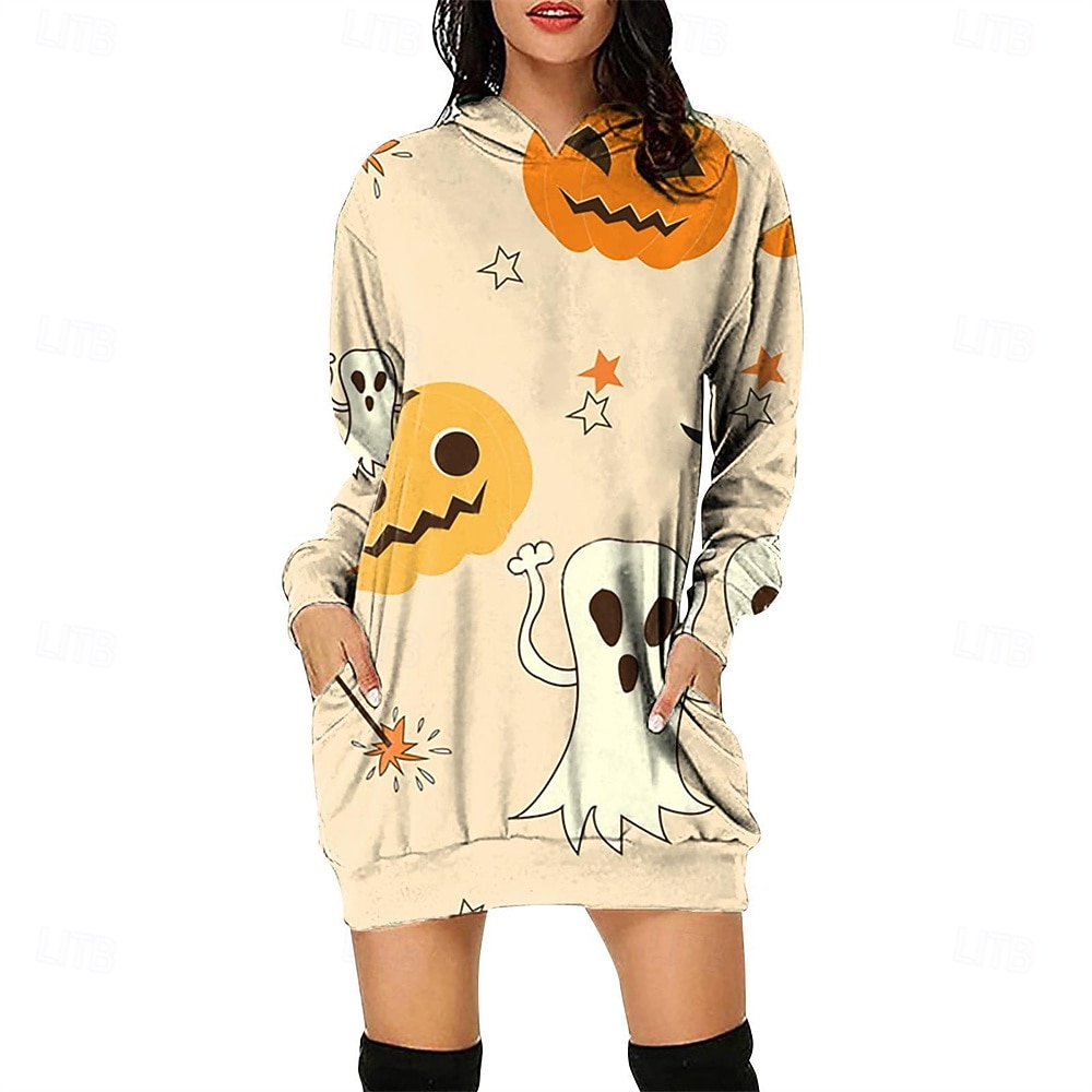 Femmes Mini Robe Robe à Capuche Robe Décontractée Mode Moderne Halloween Quotidien Week-end Coupe régulière Potiron manche longue À capuche Jaune Bleu Violet Vert Printemps Automne de 2025 ? $21.99 –P6