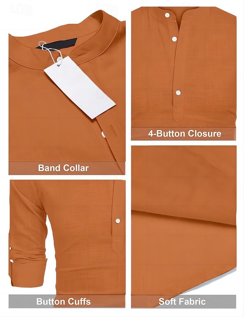 Per uomo Camicia di lino Camicia con colletto alla coreana Camicia popover Camicia casual Camicia da Spiaggia Semplice Vacanza Camicia hawaiana Nero Bianco Rosa Arancione Manica Lunga Henley del 2025 a $23.99 –P2
