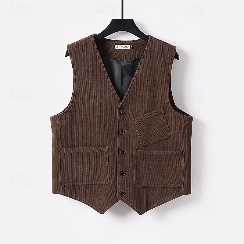 Herren Cordweste Weste Gilet Urlaub Party Geschäft Mode Lässig Frühling Herbst Tasche Knöpfe Polyester Bequem Einfach Einreihig Ein-Knopf V Ausschnitt Normale Passform Schwarz Grün Kaffee Weste 2025 - $38.99 –P1