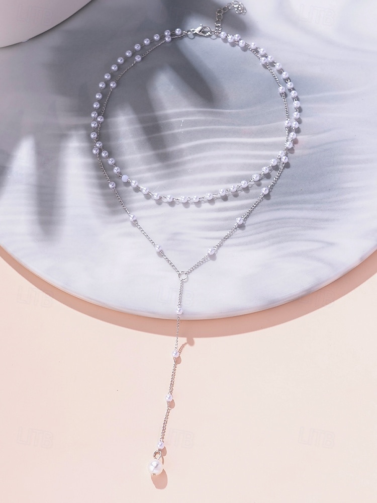 Collar con colgante de perlas en capas para mujer: elegante cadena de aleación en tono dorado con detalles de perlas de imitación para eventos formales, bodas y fiestas nocturnas. 2026 - $11.99 –P9