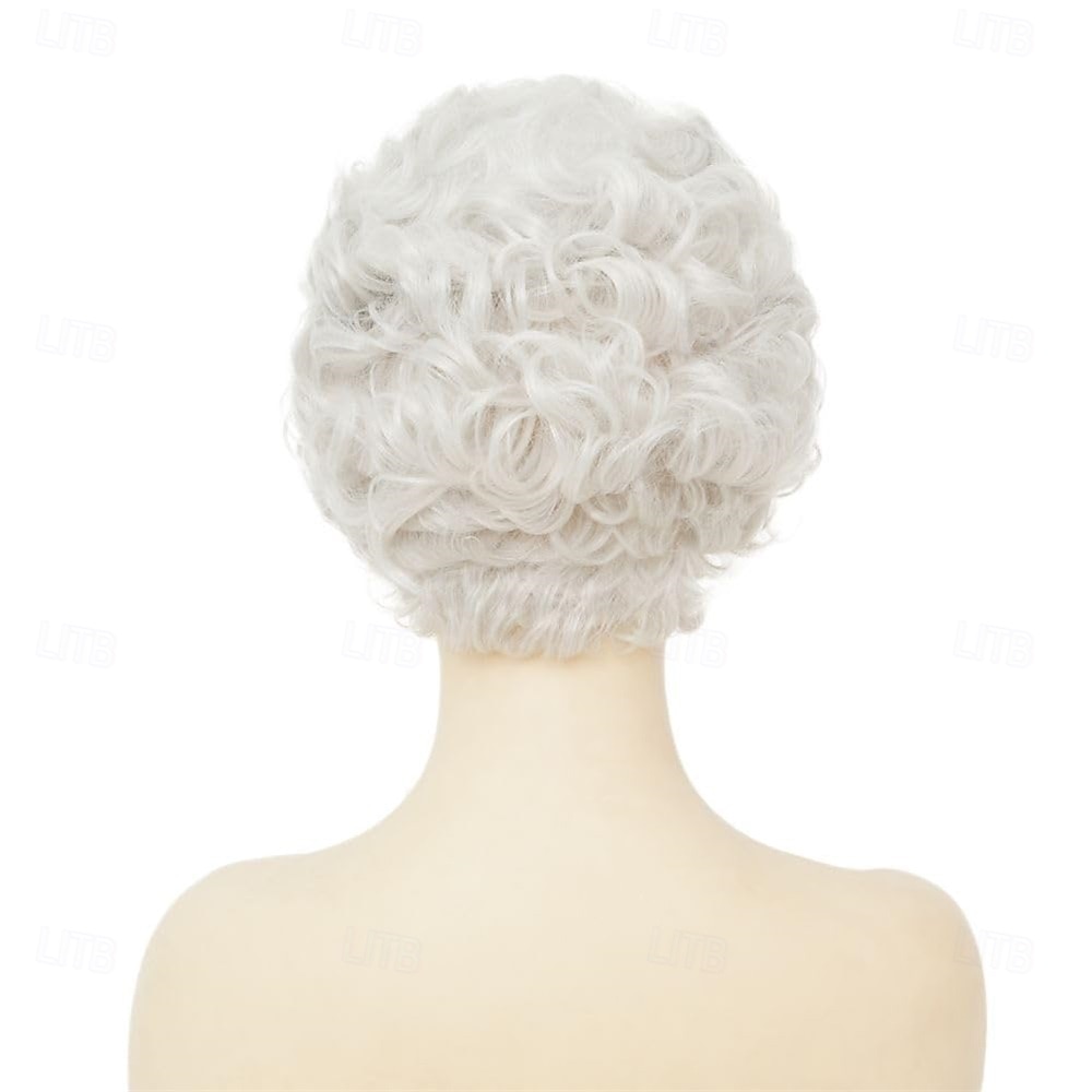 Perruques courtes blanches pour femmes, perruque bouclée avec frange, perruque de cheveux coupe lutin pour femme âgée pour cosplay, usage quotidien de 2025 ? $23.99 –P4