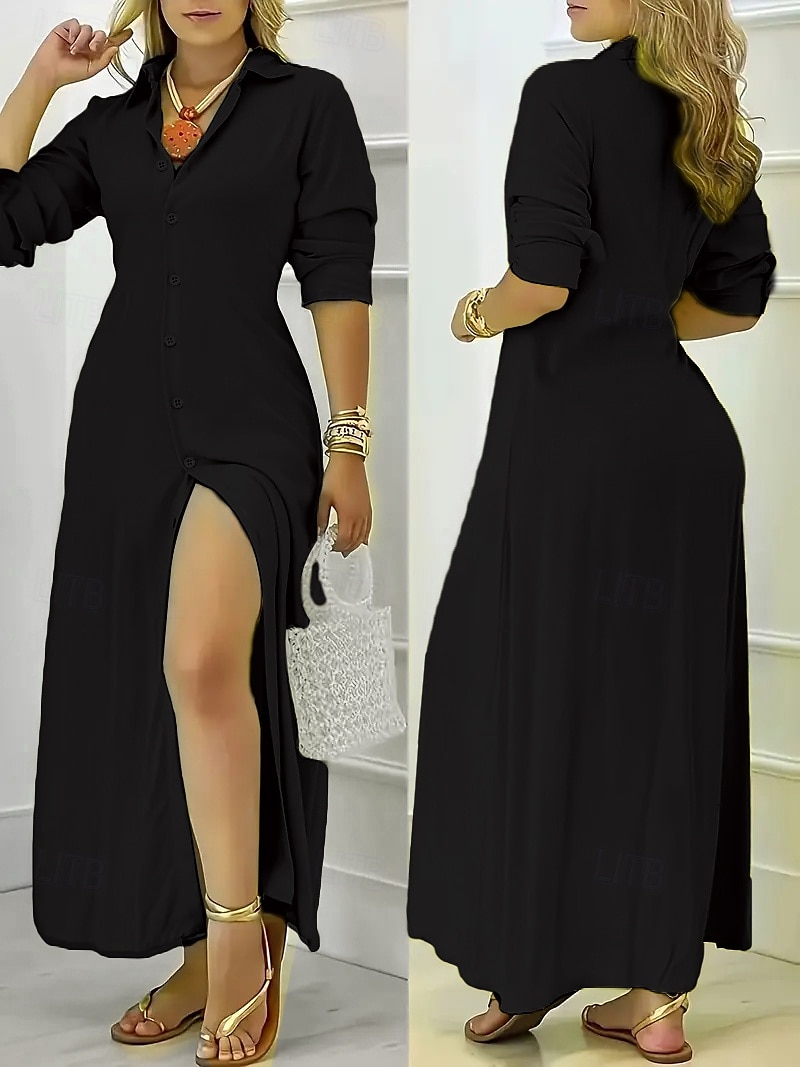 Femmes Robe Longue Maxi Robe Robe Chemise Élégant Quotidien Coupe régulière Couleur Unie manche longue Col en V Noir Blanche Jaune Bleu Automne de 2025 ? $22.99 –P1