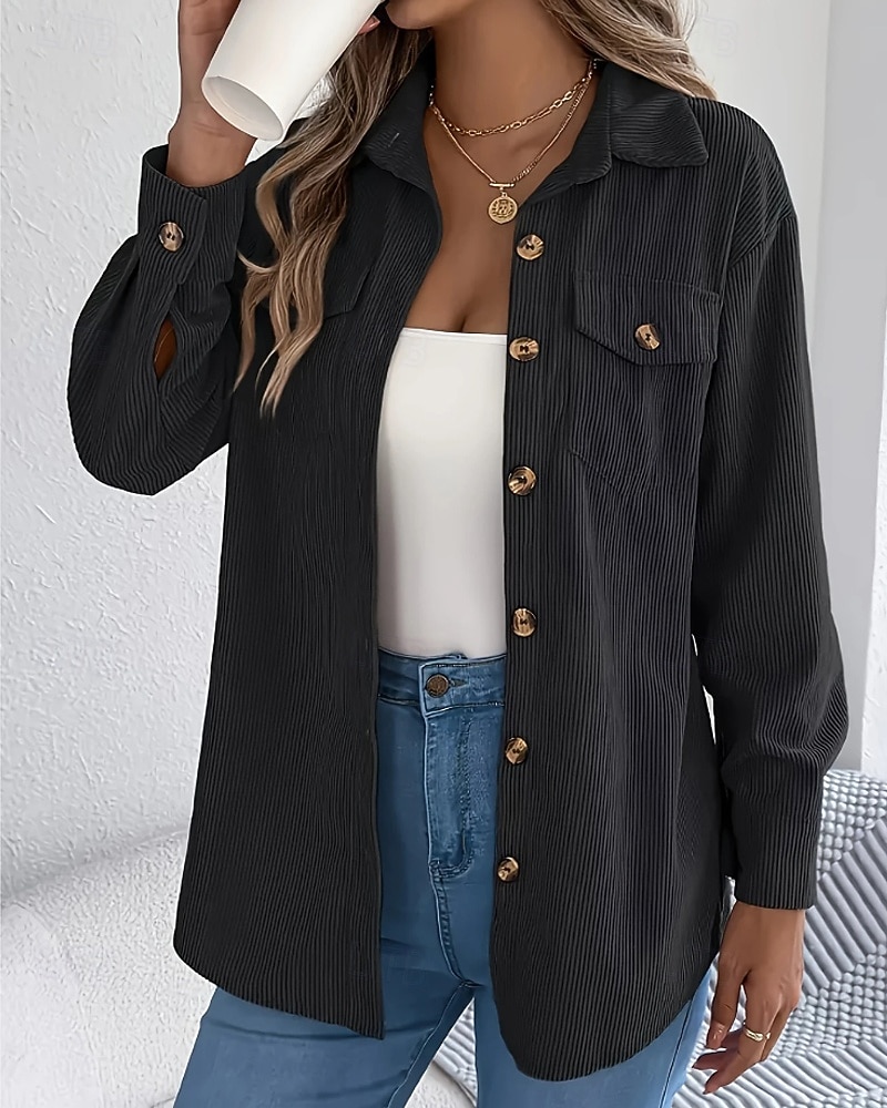 Damen Hemd Textur Bluse Bluse Einfach Modern Lässig Langarm Hemdkragen Normale Oberteile Täglich Ausgehen Tasche Knöpfe Schwarz Wein Khaki Herbst 2025 - $23.99 –P8