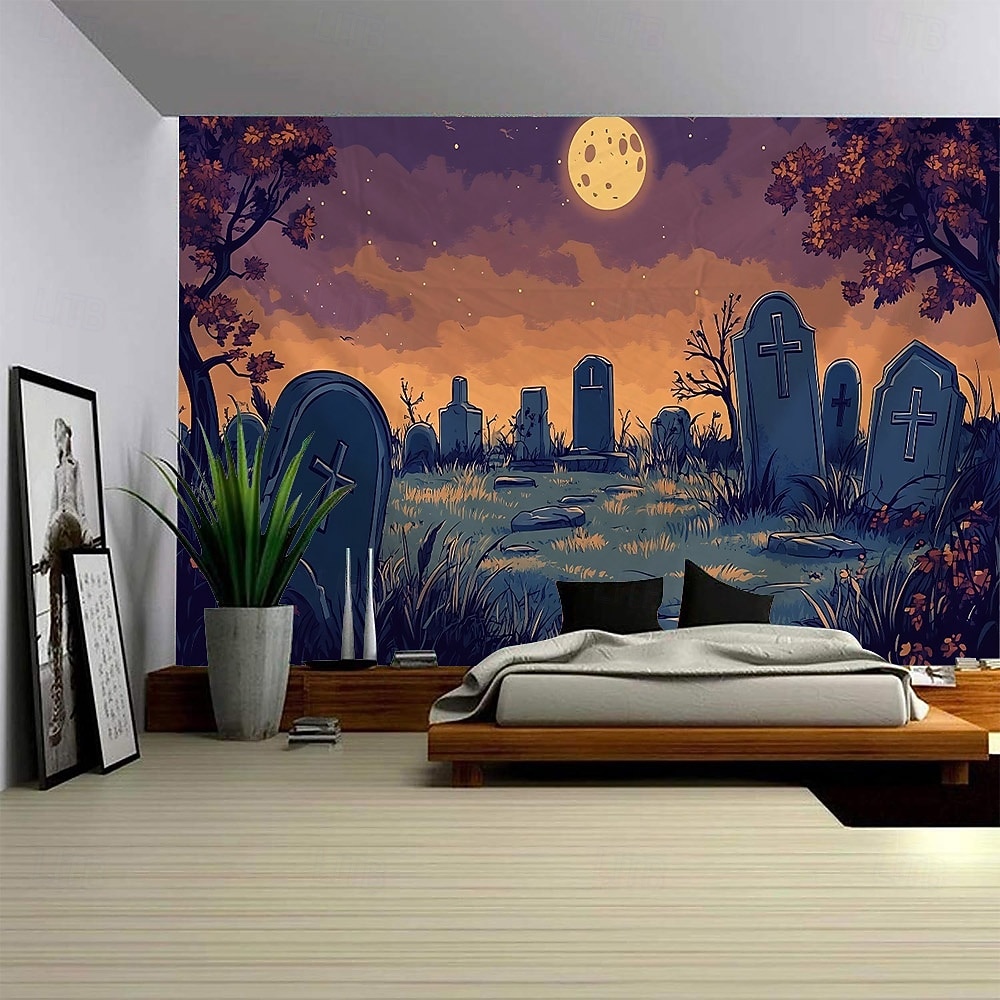 arazzo con sfondo fotografico di Halloween, cimitero cupo, lanterna di zucca e scenario di luna piena, grande murale decorativo per camera da letto, soggiorno, festa e decorazione della casa del 2026 a $17.99 –P6