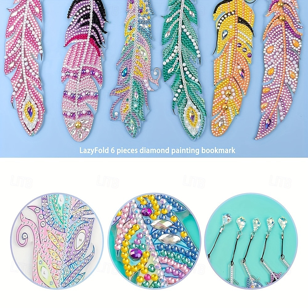 6 ks rozmarných záložek s peřím - unikátní nepravidelné diamantové malby, sada pro kutily s motivem zvířat s jednoduchým návodem, ideální pro milovníky knih a tvoření. 2026 - $18.49 –P3