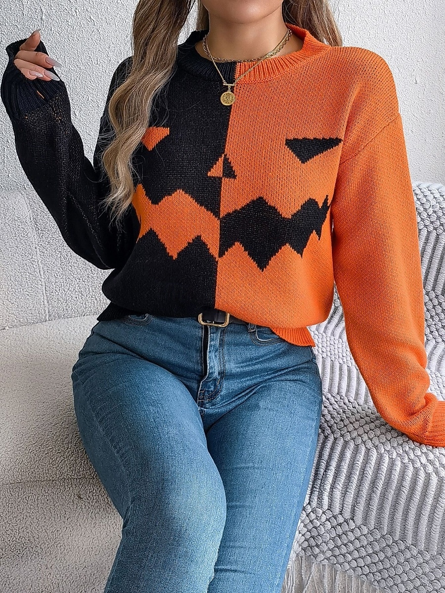Maglione da donna Halloween con zucca casual morbido grafica colletto a coste maniche lunghe top regolari lavorato a maglia arancione khaki autunno inverno pre-autunno del 2025 a $31.99 –P6