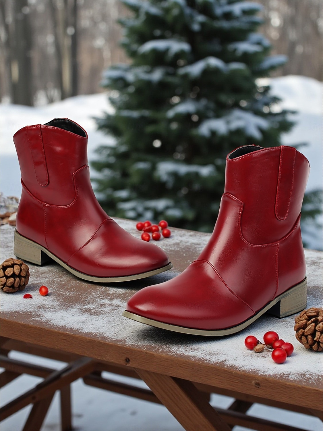 Botines de piel sintética color vino tinto para mujer: botas cortas de tacón bajo estilo western informal para el trabajo, viajes y atuendos cotidianos. 2025 - $46.99 –P2