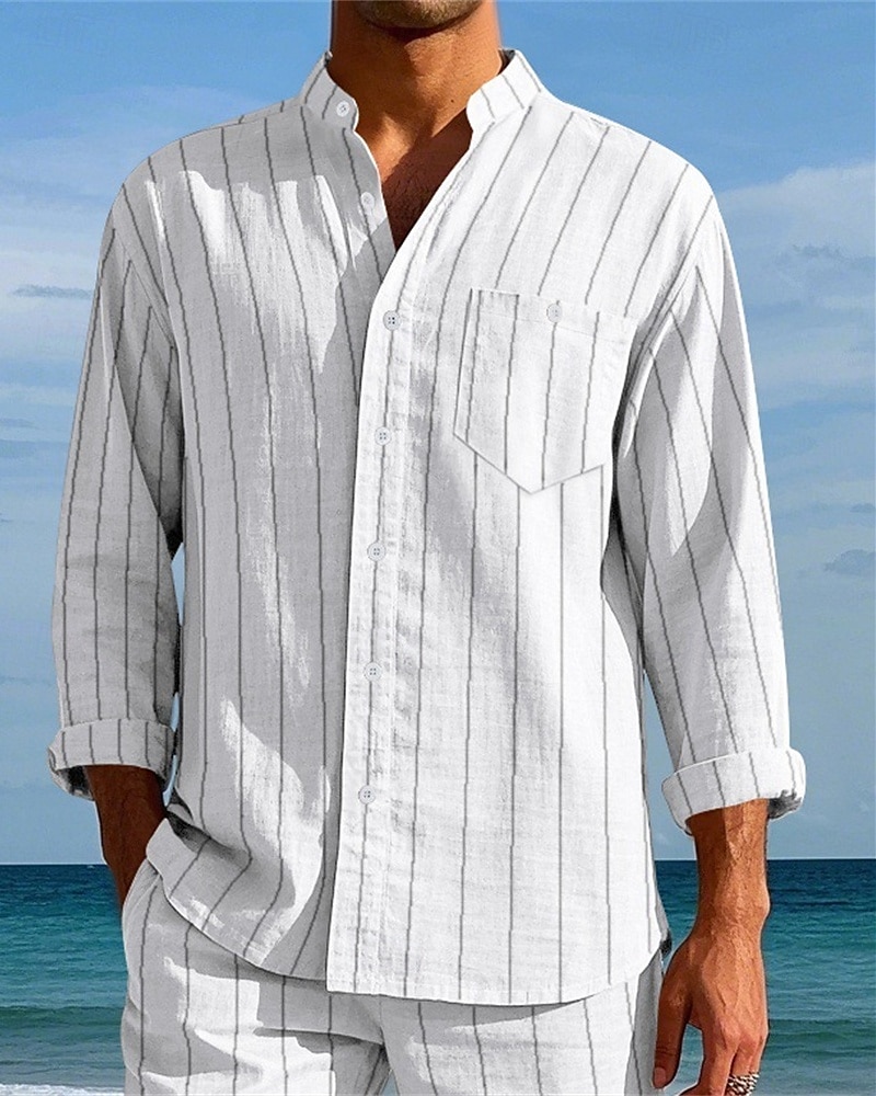 Per uomo Camicia Camicia di lino Camicia casual Camicia con Bottoni Camicia di cotone A righe Vacanza Camicia hawaiana Nero Bianco Blu reale Cachi Manica Lunga Colletto alla coreana Primavera Autunno del 2025 a $26.99 –P1