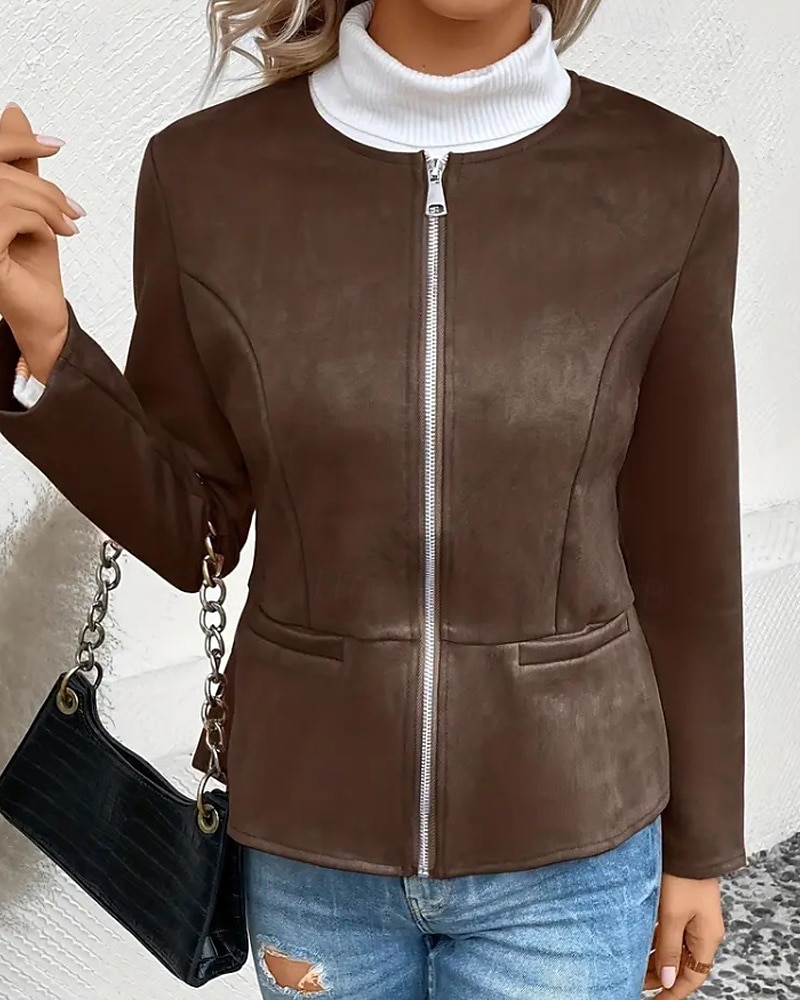 Dámské Deri Ceketler Neformální bunda Zahřívací Pohodlné Zip Kapsy Módní Bez vzoru Venkovní ulice Jdeme ven Běžné / Denní Zip Standardní Výstřih ke krku Běžný Dlouhý rukáv Svrchní oděvy Černá Vodn 2025 - $26.99 –P2