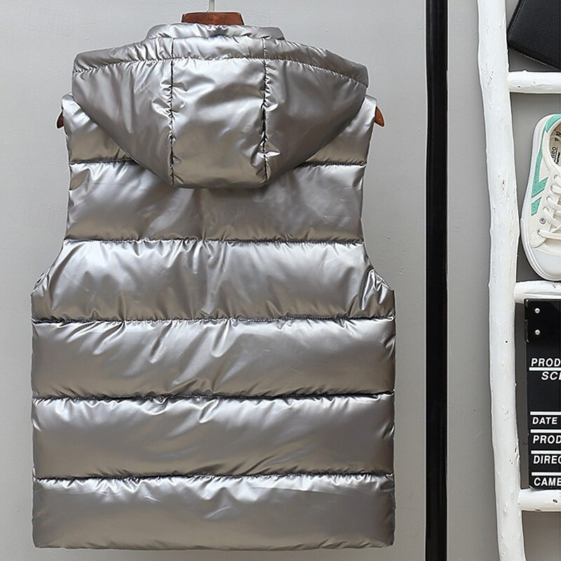 Pánské Puffer Vesta Kamizelka Vesta Dovolená Denní Rande Módní Na běžné nošení Podzim zima Kapsy Polyester Zahřívací Pohodlné Pevná barva Zip Kapuce Běžný Stříbrná Černá Rubínově červená Tmav 2025 - $33.99 –P15
