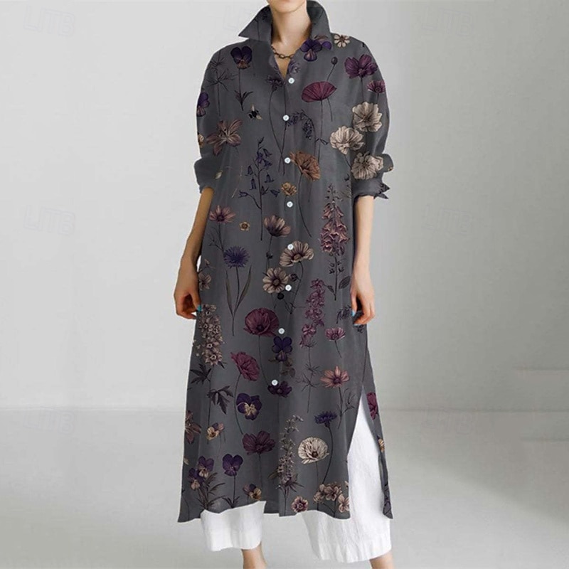 Damen Langes Kleid Maxikleid Hemdblusenkleid Freizeitkleid Druckkleid Mode Modern Täglich Wochenende Normale Passform Blume Langarm Hemdkragen Dunkelgray Frühling Herbst 2025 - $25.99 –P1