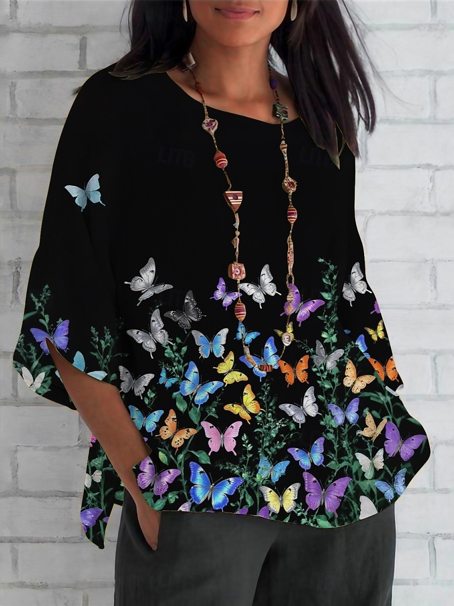 Жен. Рубашка С принтом Бабочка Повседневные На каждый день Рукав 3/4 Вырез под горло Обычные топы Повседневные Праздники Черный Белый Лето Весна Осень 2026 - $31.99 –P3