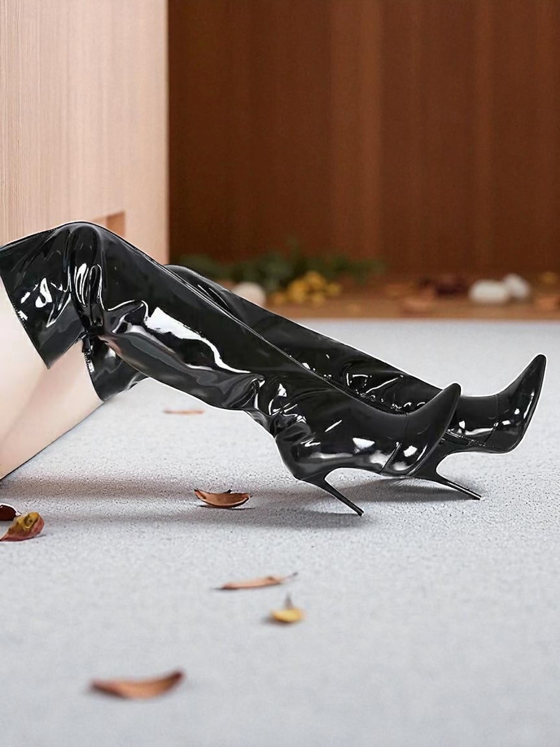 Γυναικείες μαύρες μπότες στιλέτο πάνω από το γόνατο με μυτερή μύτη από λουστρίνι - σέξι υποδήματα για πάρτι νυχτερινής διασκέδασης 2026 - $59.99 –P6