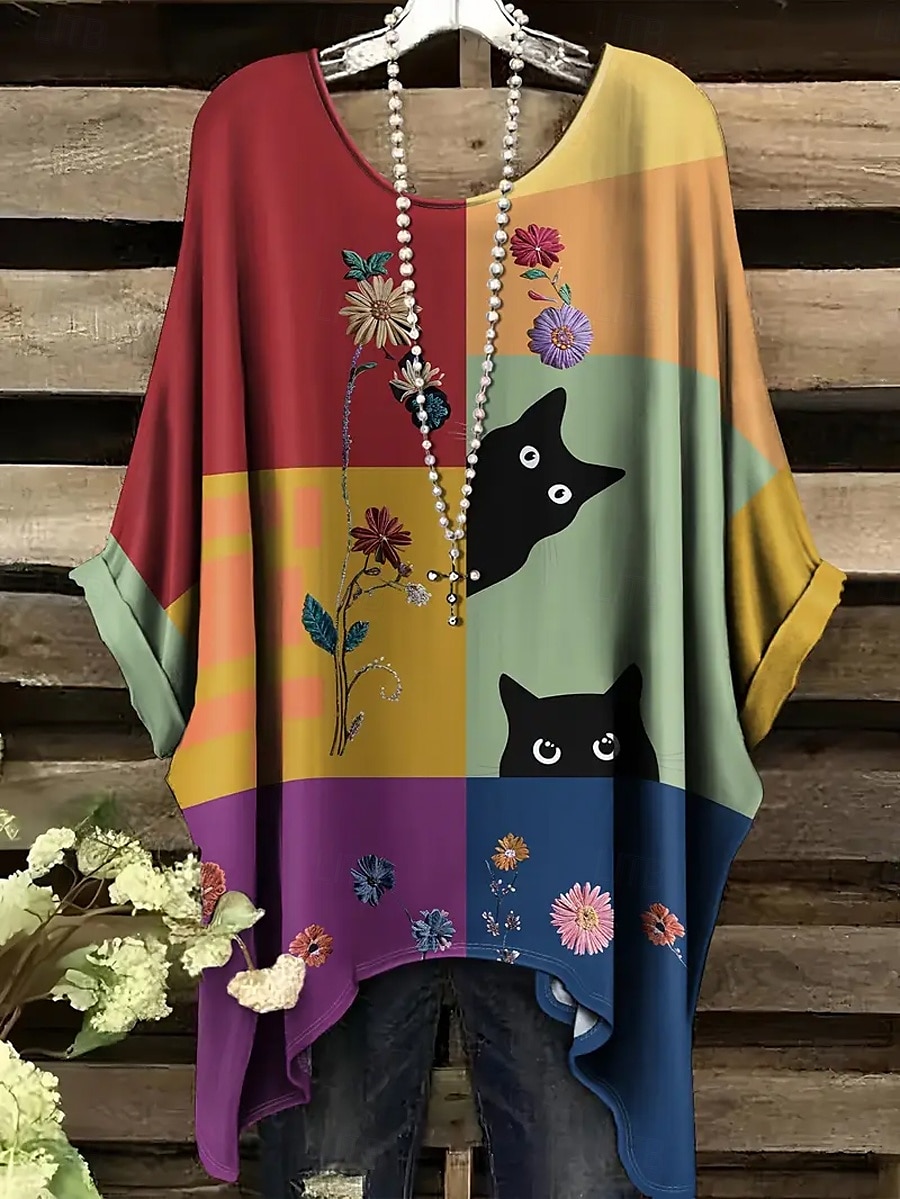 Dame Bluse Grafisk Dyr Katt Årgang Daglig Fritid Halvlange ermer Flaggermusermer Crew-hals Lange topper Daglig Ferie Strand Klær Assymetrisk Gul Rød Blå Kamel Grå Sommer Vår 2025 - $22.99 –P4