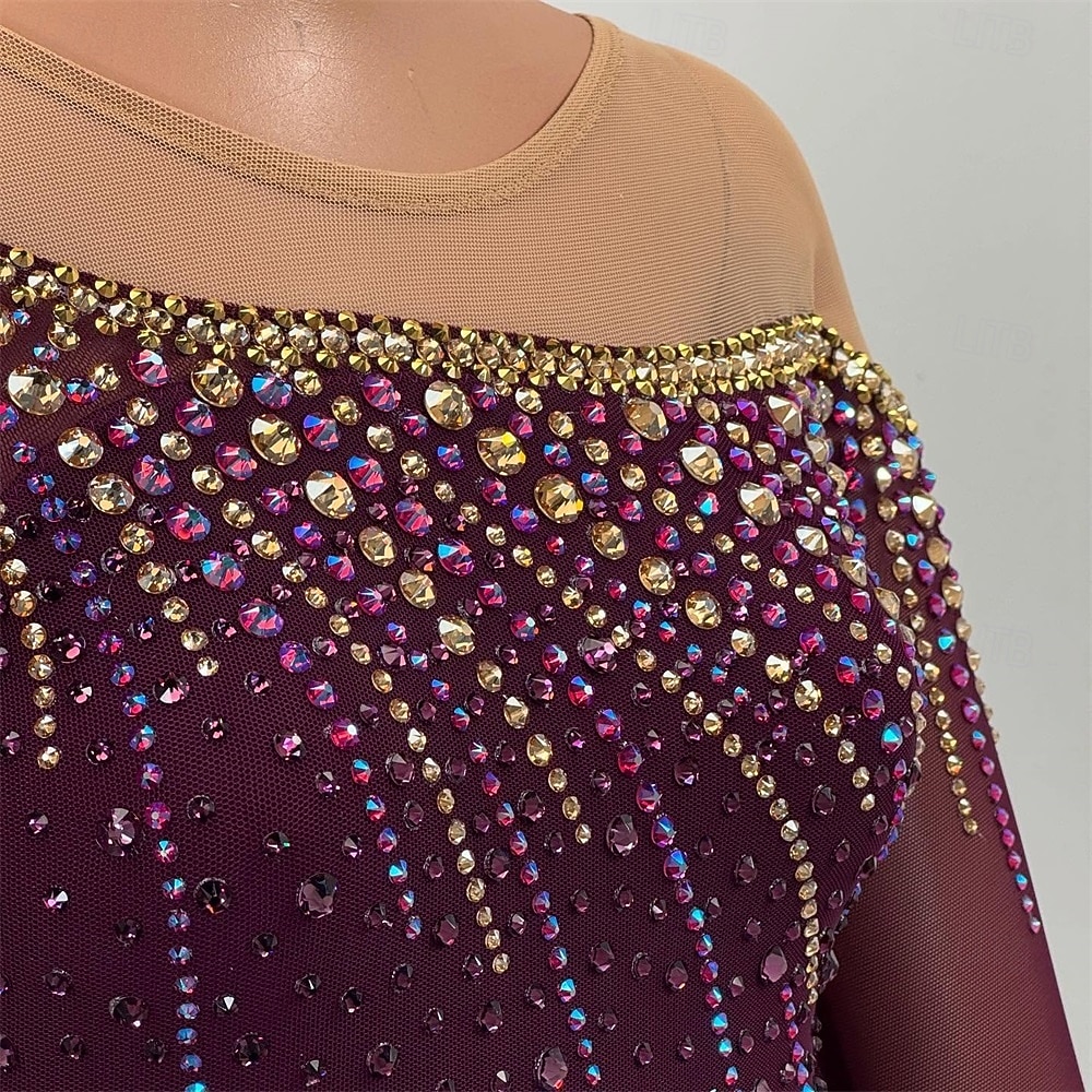 Kunstschaatsjurk Dames Voor meisjes Schaatsen Jurken Bordeaux Lapwerk Open achterkant Netstof Spandex Hoge Elasticiteit Opleiding Wedstrijd Kunstschaatskleding Klassiek Kristal / Bergkristal Lange 2026 - $298.59 –P2