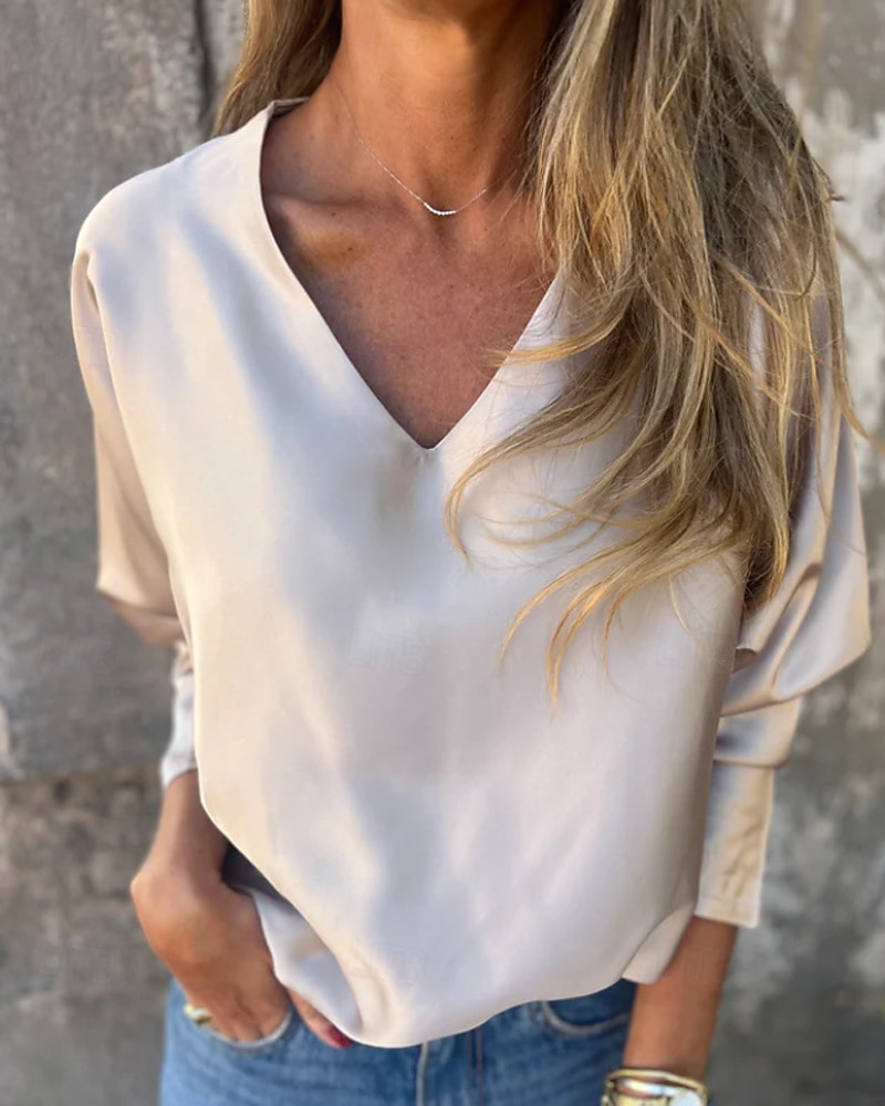 Damen Hemd Bluse Einfach Modern Lässig Langarm V Ausschnitt Normale Oberteile Täglich Ausgehen Schwarz Champagner Braun Aprikose Grau Herbst 2025 - $21.99 –P12