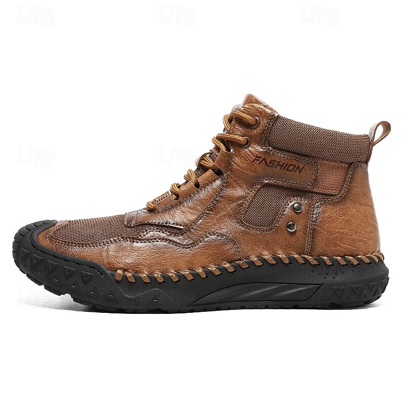 Botas casuais masculinas de couro sintético marrom de cano alto com sola de borracha antiderrapante - calçados duráveis para caminhadas ao ar livre, viagens e uso diário de 2025 por $46.99 –P3