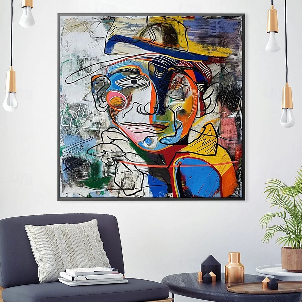 pintura a óleo feita à mão, retrato abstrato, arte, bloqueio de cores em negrito, arte expressionista moderna, paleta vibrante, contraste, azul, amarelo, vermelho, pinceladas expressivas, tela de 2025 por $201.49 –P3