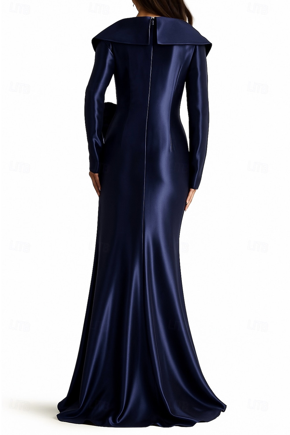 Blårød A-linje aftenkjole elegant kjole formell bryllupskjole gulvlang langermet slaglomme stretch sateng med glittersløyfe(r) 2025 2025 - $139.99 –P2