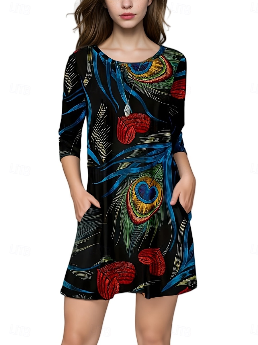 Halloween Femmes Mini Robe Robe trapèze Élégant Occasionnel Coupe Ample Imprimé Manche 3/4 Col ras du cou Jaune Bleu Bleu Poudré Bleu de minuit Été Printemps Automne de 2025 ? $22.99 –P4