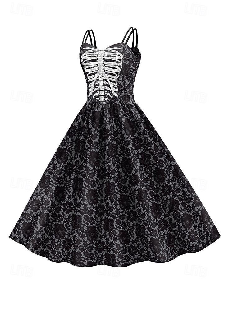 2025年 女性用スカルプリントミニドレス Aラインドレス カジュアル デイリー ホリデー レギュラーフィット スカル ノースリーブ スパゲッティストラップ ブラック ホワイト ワイン サビレッド 夏 春 秋  コレクション – $29.99 –P8