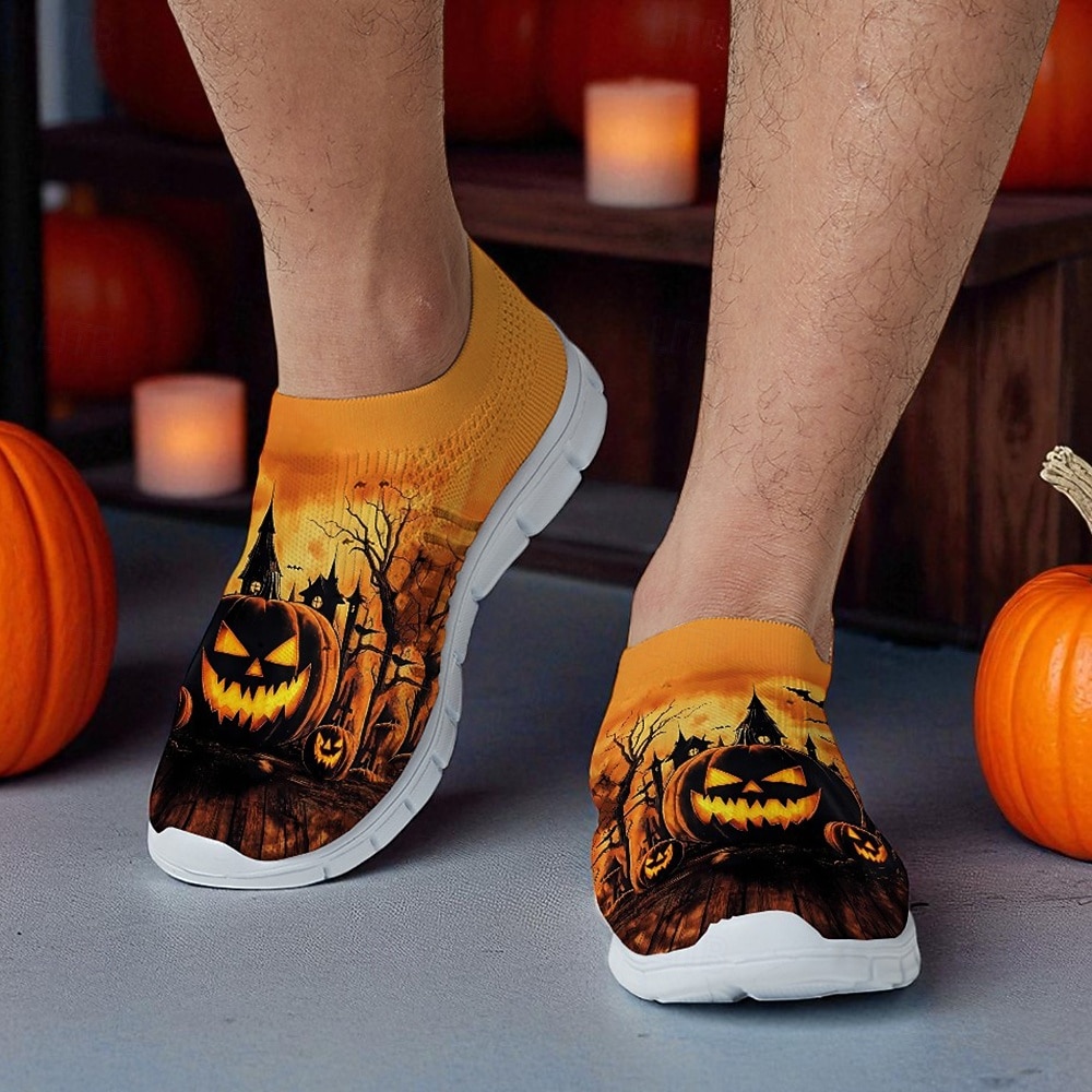 Męskie pomarańczowe, wsuwane trampki Flyknit z nadrukiem dyni w stylu nawiedzonego domu – codzienne buty na festiwal Halloween, idealne na nocne imprezy, cosplay i wydarzenia na świeżym powietrzu 2025 - $29.99 –P2