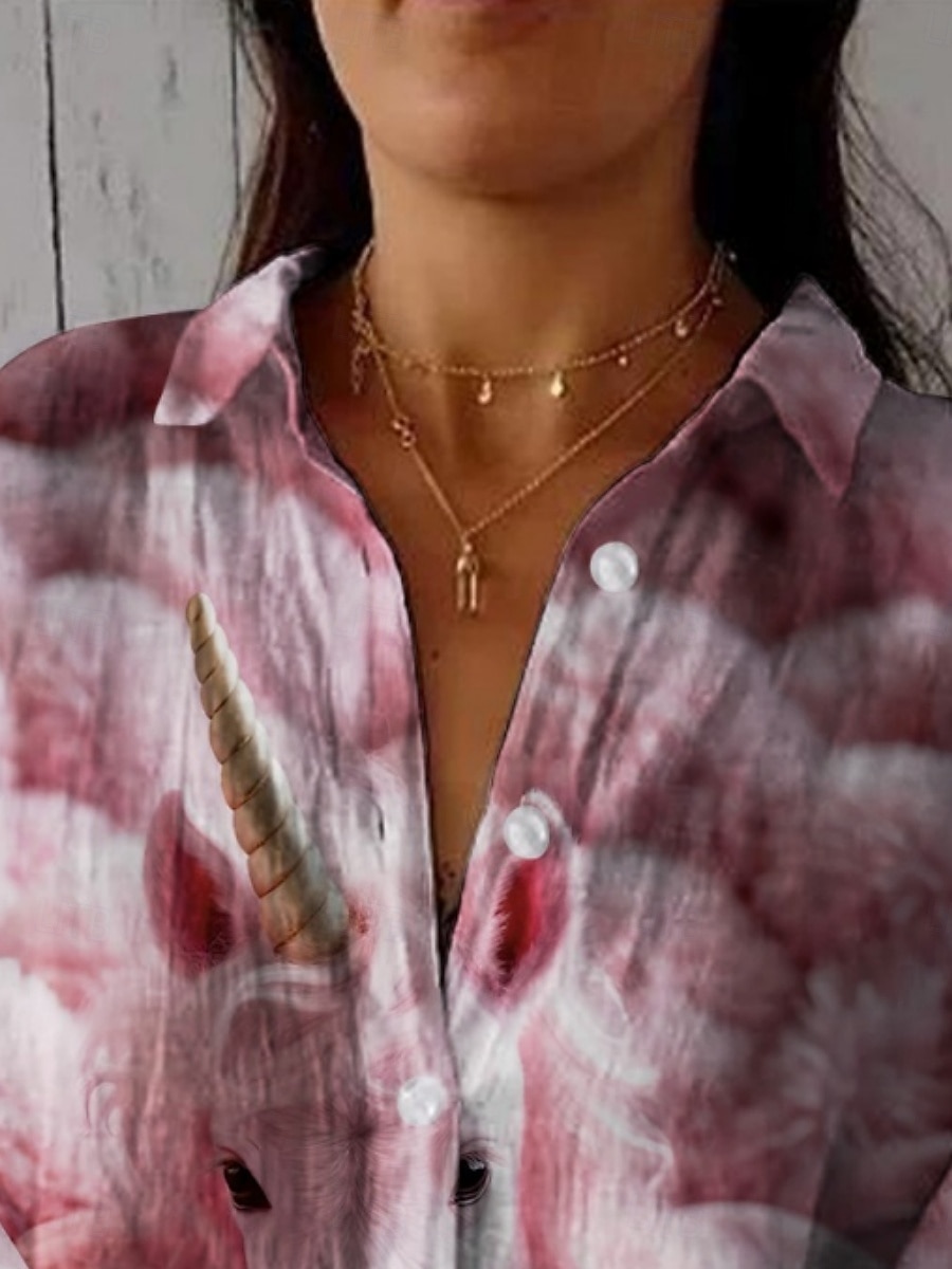 2025年 女性用 シャツ 動物 日常 カジュアル 長袖 シャツカラー レギュラートップス 日常 祝日 ボタン プリント ピンク 夏 春 秋  コレクション – $32.99 –P2