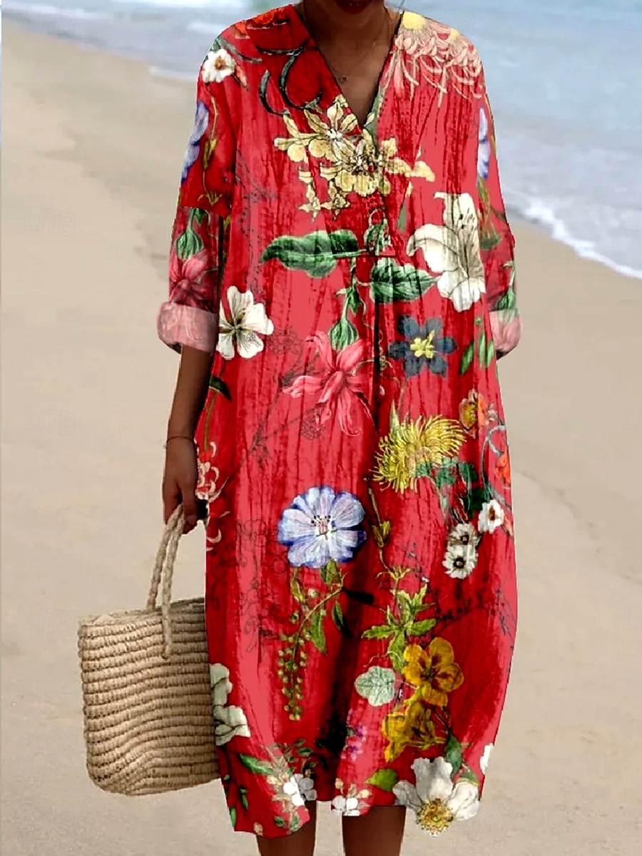 Femmes Robe Midi Robe Décontractée Robe d'Été Robe trapèze Vacances Occasionnel Boho Soirée Fête Plage Coupe Ample Fleuri Graphique manche longue Col en V Rouge Printemps Automne de 2025 ? $35.99 –P1