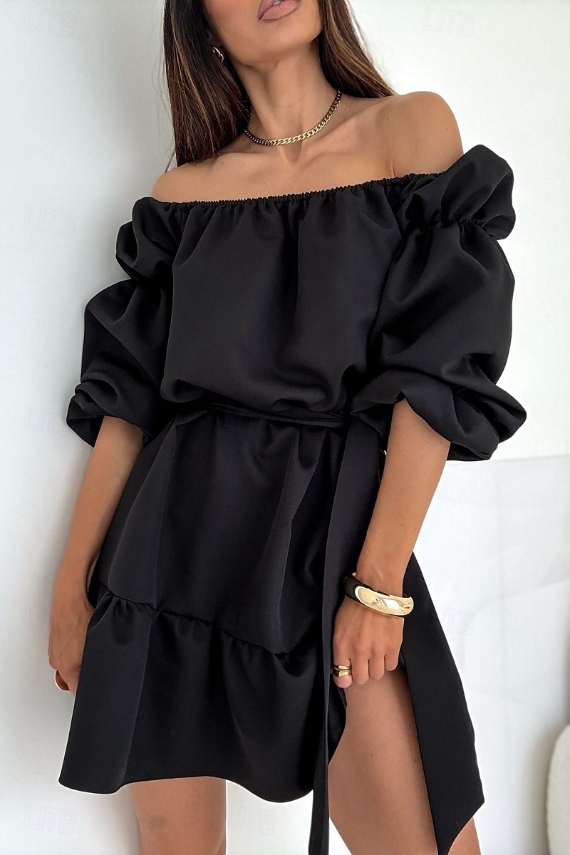 Damen Minikleid Schößchen Kleider Elegant Täglich Ferien Ausgehen Normale Passform Einfarbig Langarm Schulterfrei Schwarz Weiß Mauva Herbst 2025 - $21.99 –P3