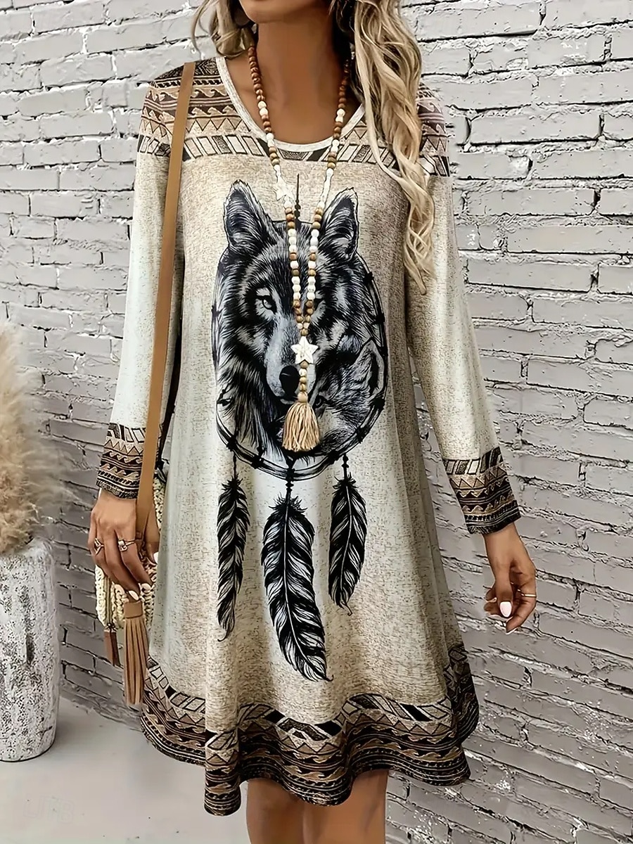 Damen Minikleid T-Shirt-Kleid Sommerkleid A Linie Kleid Lässig Täglich Ausgehen Normale Passform Grafik Stammes Langarm Rundhalsausschnitt Kamel Herbst Winter 2025 - $23.99 –P1