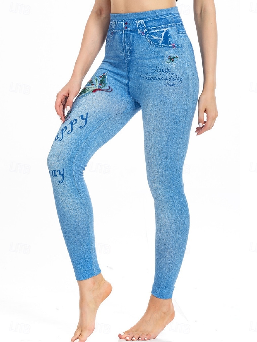 Dames Leggings Verontruste spijkerbroek Vakantie Vintage Casual Volledige lengte Hoge taille Bloemig Vlinder Elastische tailleband Opdrukken Zacht Comfortabel Rekbaar Buiten Straat blauw Luchtblauw 2026 - $24.99 –P11