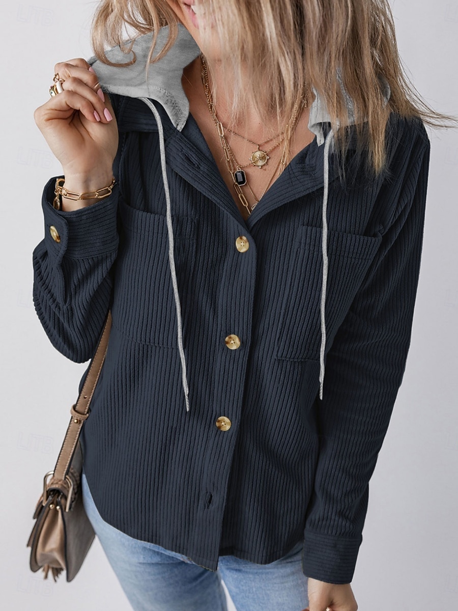 Mujer Chaqueta con capucha Cómodo Transpirable Botones Casual Plano Vacaciones Calle Casual Ropa Cotidiana Botonadura Simple Regular Con Capucha Ajuste regular Manga Larga Ropa de calle Azul marinero 2025 - $36.99 –P1