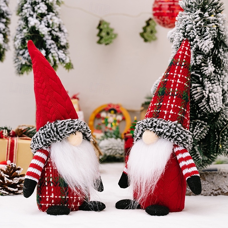 Julplyschtomtedekoration festlig julgransprydnadsset med rutig hatt ansiktslös tomtedocka skandinavisk dvärgfigur bordsdisplay juldekoration för hemmakontor presenter 2025 - $11.49 –P5