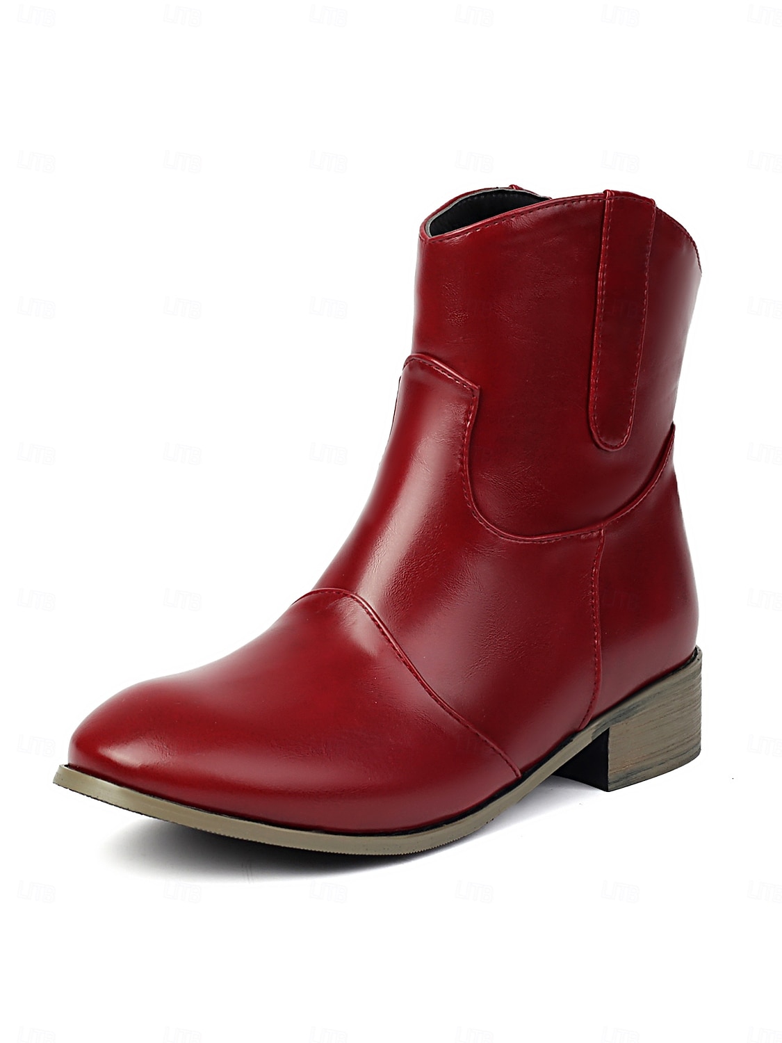 Botines de piel sintética color vino tinto para mujer: botas cortas de tacón bajo estilo western informal para el trabajo, viajes y atuendos cotidianos. 2025 - $46.99 –P1