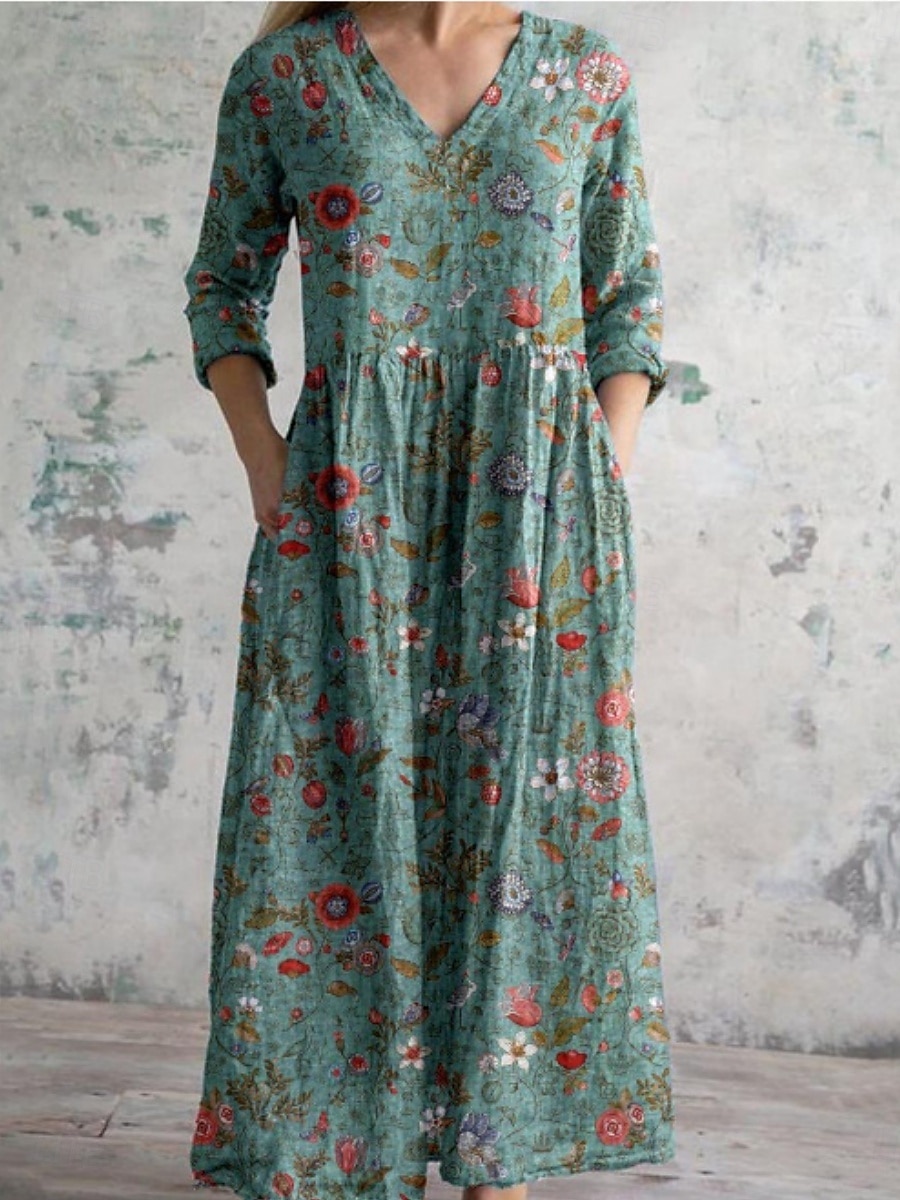 Femmes Robe Midi Robe trapèze Occasionnel Quotidien Coupe régulière Fleuri Manche 3/4 Col en V Jaune Vert foncé Marron Vert Été Printemps Automne de 2025 ? $27.99 –P3