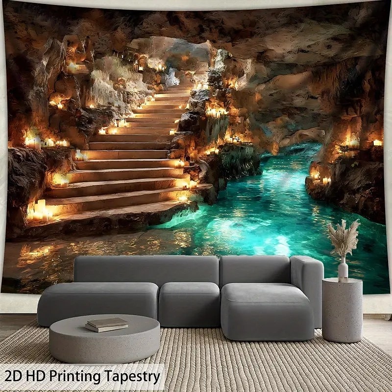 Extra großer Wandteppich zum Thema Höhlenerkundung mit HD-Untergrund-Stalaktitendecke und türkisfarbener Flusslandschaft als Wandkunst, knitterfreies Polyester-Hängedekor für Wohnzimmer, Schlafzimmer, 2026 - $16.99 –P4