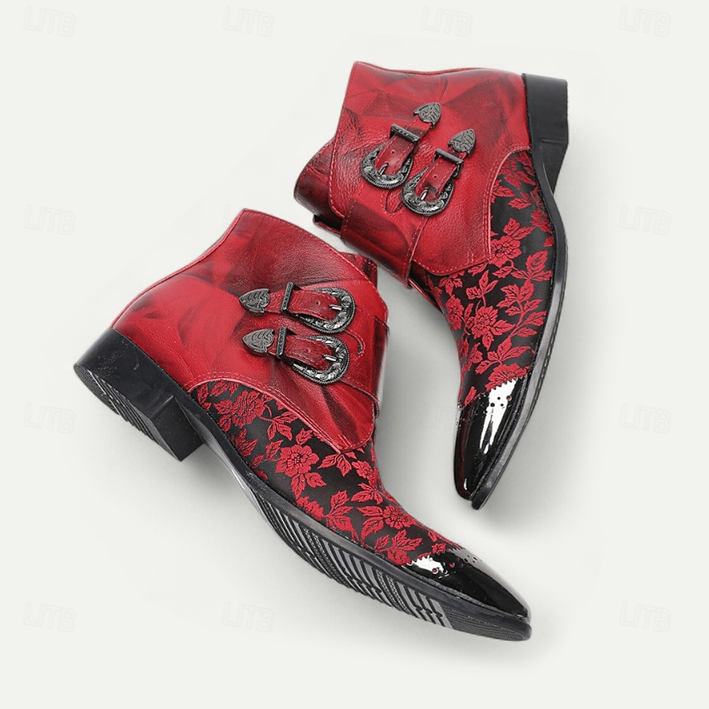férfi piros jacquard dupla pántos szerzetespántos csizma – gótikus barokk stílusú bőr csizma cosplayhez, jelmezbálokhoz és éjszakai élethez 2025 - $149.99 –P7