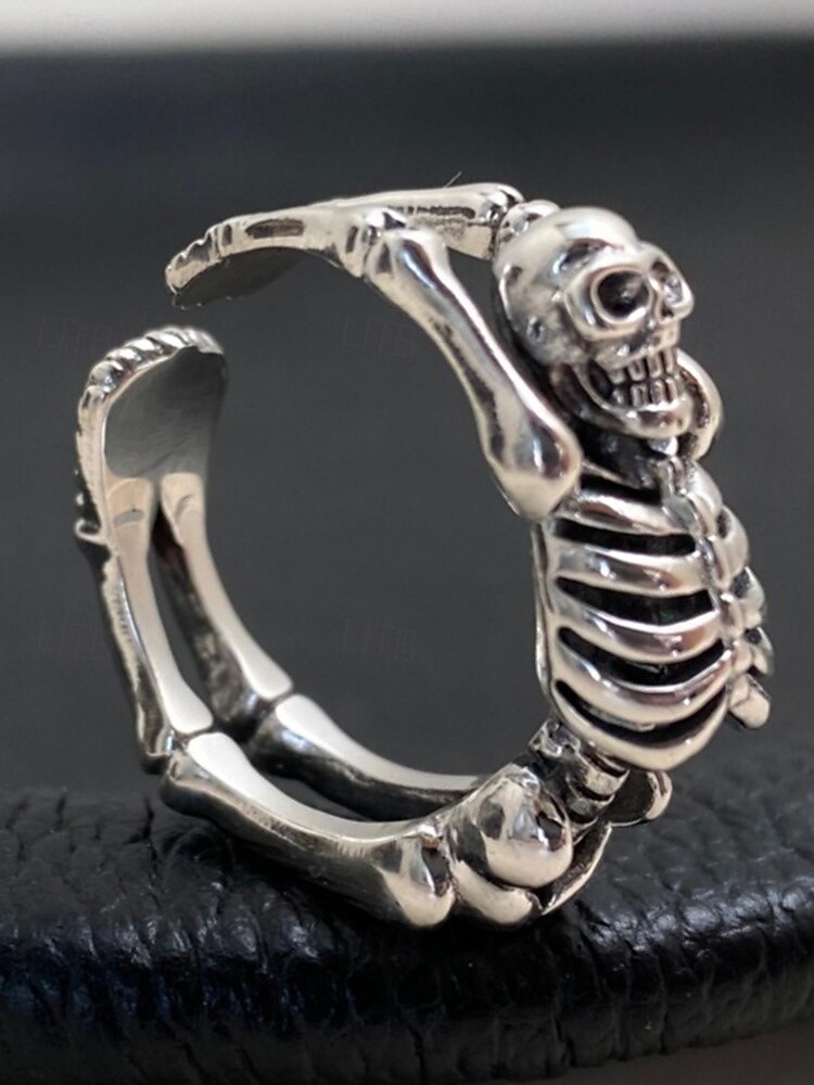 Halloween-skjelettring til dame – justerbar åpen viklering, sølvfarget legering med gotisk punk-hodeskalle og beindesign, statement-smykker til kostymefester, cosplay og kvelder ute 2025 - $7.99 –P4
