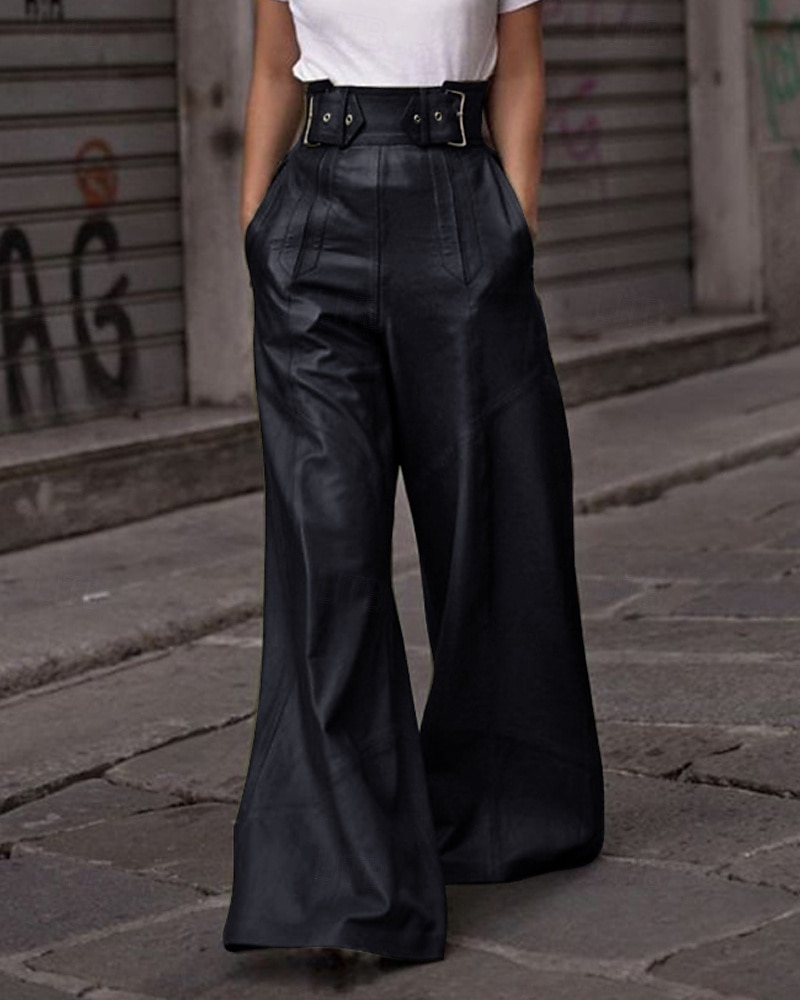 Per donna Gamba larga Pantaloni di pelle Streetwear Casual Lunghezza intera Naturale Semplice Tasca Elastico in vita Confortevole All'aperto Vacanza Ferie Nero Verde militare Autunno Vestibilit del 2025 a $32.99 –P2
