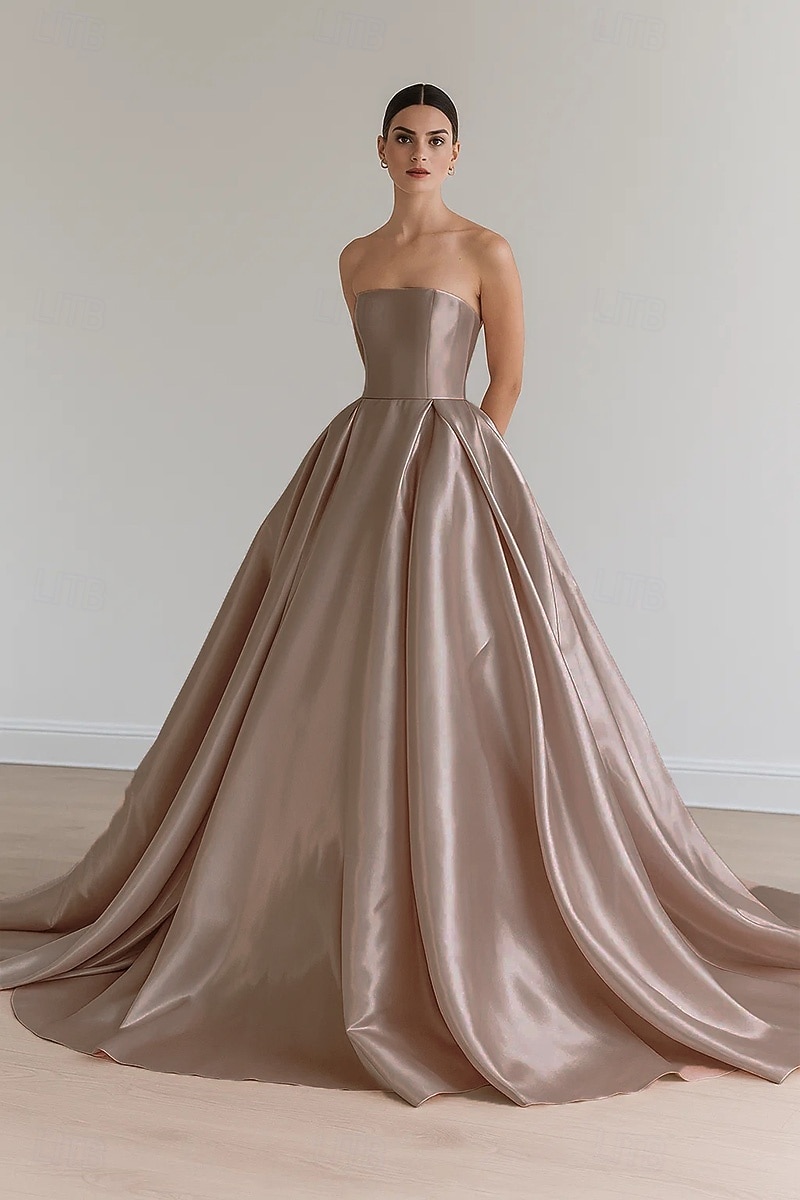 Vestido de baile de cetim elástico, vestido de noite elegante, vestido formal de casamento, cauda longa, sem mangas, sem alças, com pregas e cadarço 2025 de 2025 por $167.99 –P4
