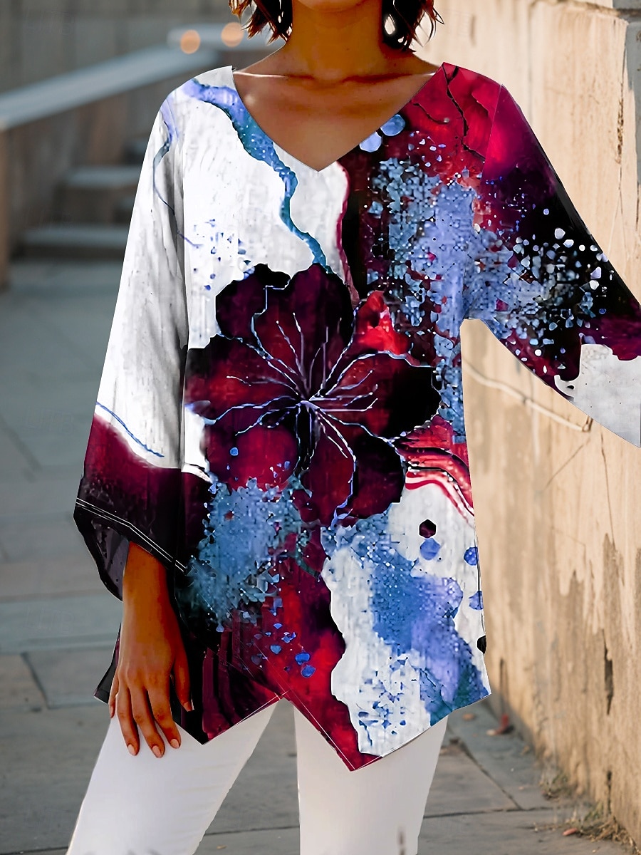 Femmes Chemisier Fleuri Graphique ancien Élégant Occasionnel Manche 3/4 Col en V Hauts Réguliers Quotidien Fête Imprimé Rouge Bleu Violet Vert Printemps Automne de 2025 ? $25.99 –P4