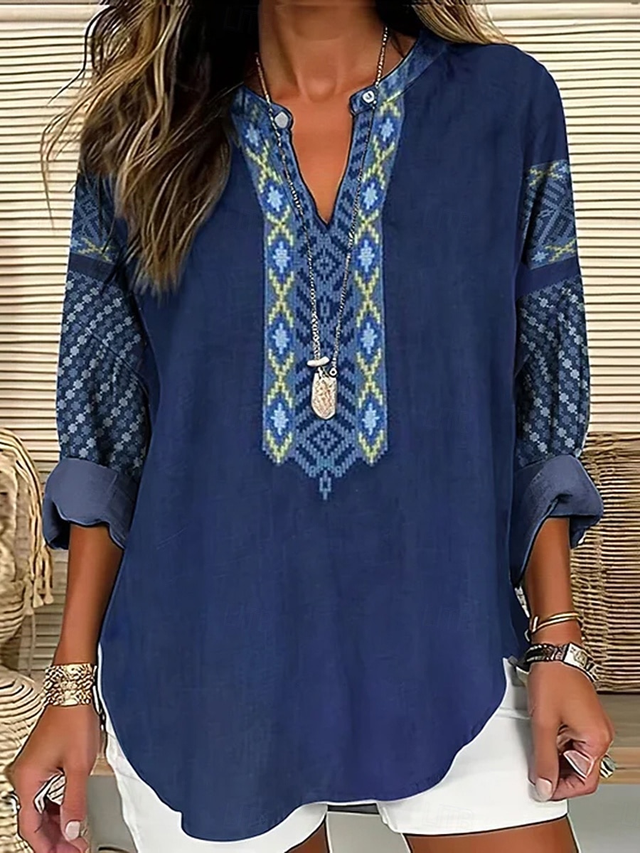 Damenbluse Leinenähnlich Atmungsaktiv Leicht Grafisch Geometrisch Vintage Tropisch Hawaiian Lange Ärmel V-Ausschnitt Reguläre Oberteile Täglicher Urlaub Strandbekleidung Druck Schwarz Blau Sandfarbe 2026 - $32.99 –P4