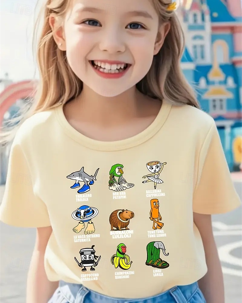 Camiseta engraçada com estampa de Brainrot italiana para meninas - camiseta leve e elástica com tecido elástico leve para crianças de 4 a 12 anos, casual para o dia a dia &roupa de festa de de 2025 por $11.99 –P4