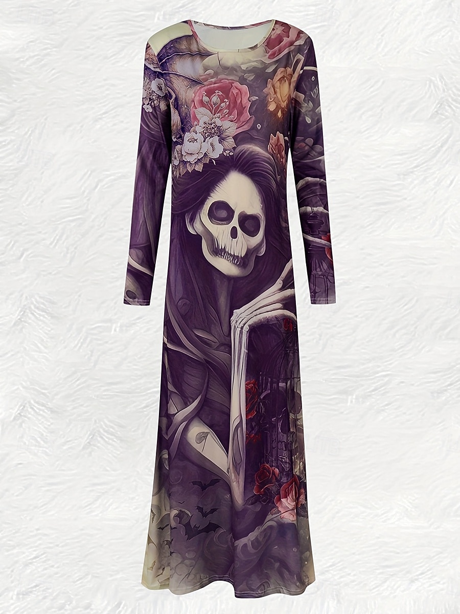 Halloween dámské šaty maxi s potiskem lebek shift šaty A-line šaty ležérní denní regular fit grafika býk dlouhý rukáv kulatý výstřih černá fialová podzim zima 2025 - $34.99 –P5