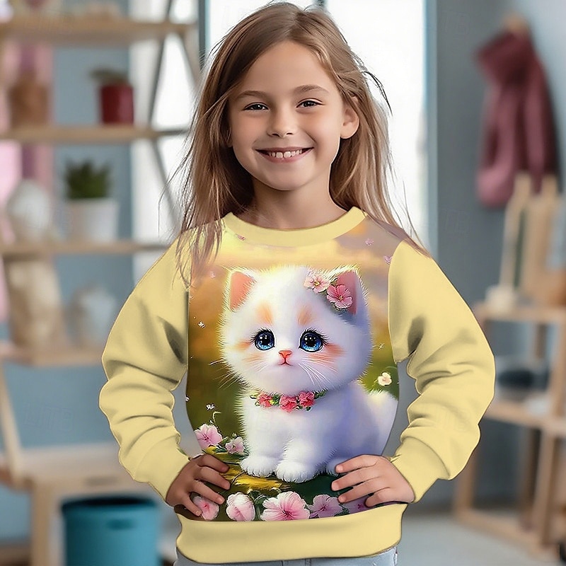 Flickor 3D Katt Tröja Långärmad Vår Höst Mode Grundläggande Barn 4-12 år Rund hals Utomhus Ledigt Dagligen Normal 2025 - $17.49 –P1