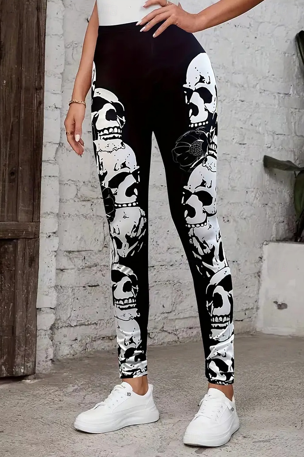 Legginsy damskie na wakacje vintage mody pełna długość wysoki stan grafika czaszki miękka oddychająca rozciągliwa na zewnątrz wakacyjna ulica czarna biała czarno-biała wiosna jesień zima slim fit 2026 - $21.99 –P6