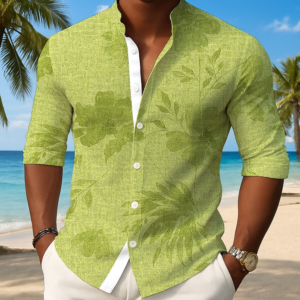 Men's Plants Tropical Leaf Shirt Button Up Shirt Stand Collar Shirt Long Sleeve Hawaiian Outdoor Vacation Daily Spring Fall Mandarin Collar Band Collar 3D Print Linen Like Shirt Light Blue Blue 2025 - $25.99 –P1