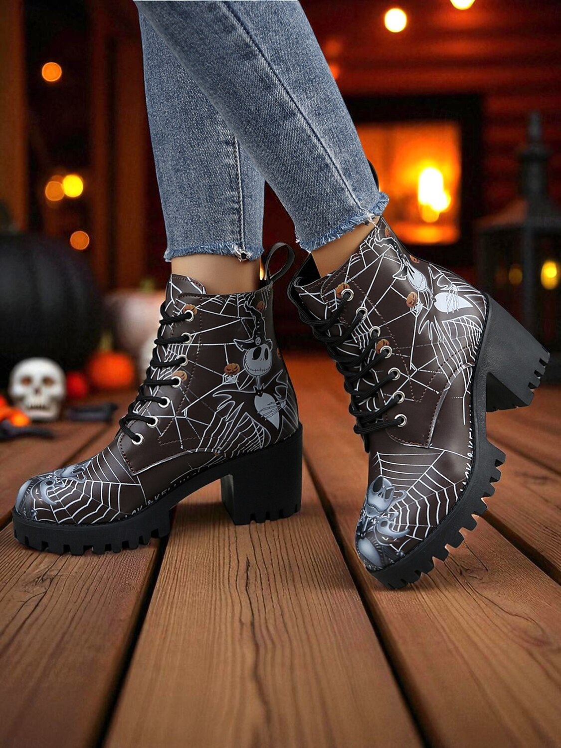 Bottines de combat à talons épais pour femmes, motif tête de mort d'Halloween et toile d'araignée – bottines gothiques à lacets pour cosplay, porte-bonheur et mode automnale effrayante de 2025 ? $34.99 –P1