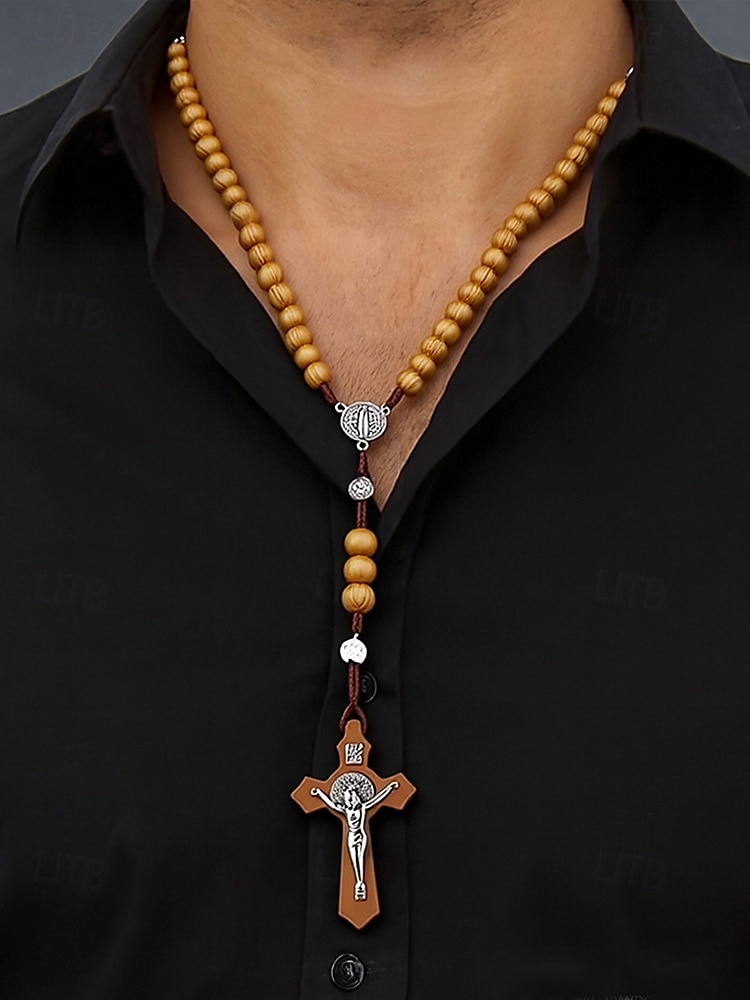 Rosario de madera para hombre con medalla de San Benito y crucifijo: cuentas de oración católicas para el culto religioso, la reflexión espiritual y la devoción diaria. 2025 - $7.99 –P1