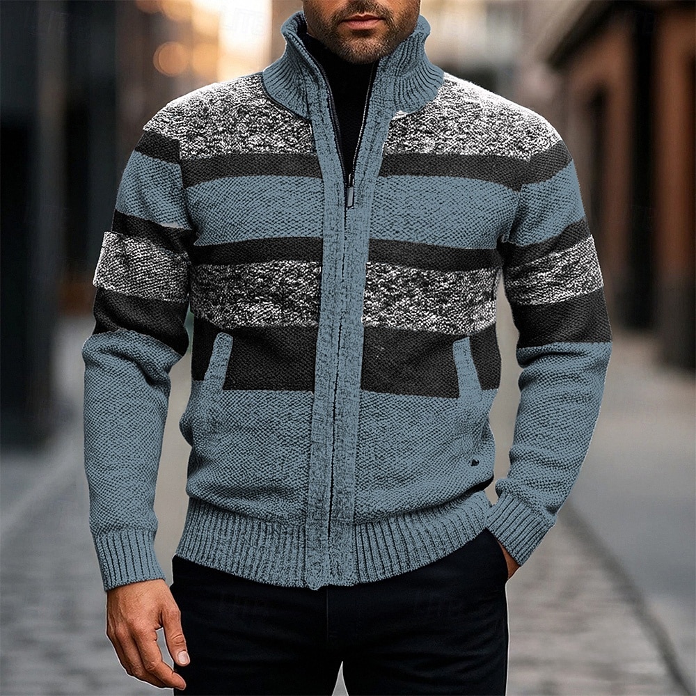 Men's Cardigan Sweater Cropped  Sweater Zip Sweater Knit Sweater Ribbed Knit Regular Tops Patchwork Pocket Color Block Stand Collar Fashion Classic Vacation Daily Wear Clothing Apparel Fall Winter 2025 - $31.99 –P2